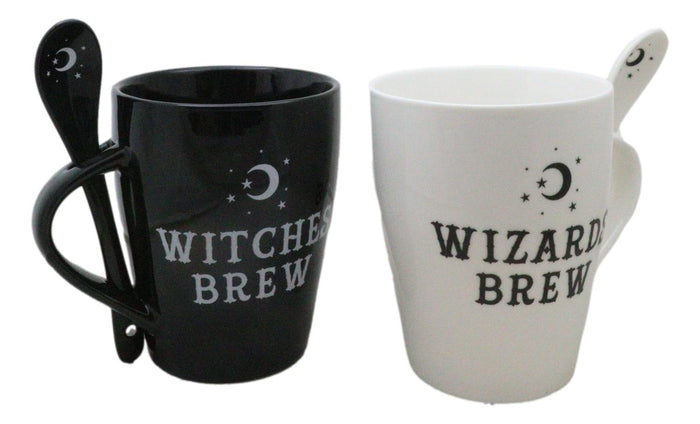 Ebros Gift Set Of 2 Wicca Moons Black Witches And White Wizards Brew Cup Mugs And Spoons