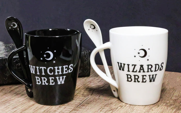 ebros gift Set Of 2 Wicca Moons Black Witches And White Wizards Brew Cup Mugs And Spoons