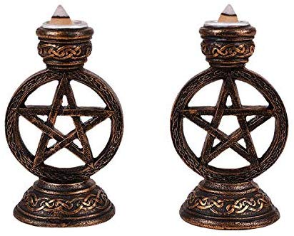 Ebros Gift Set Of 2 Wicca Pentagram Pentacle In Circle Taper Candle Or Cone Incense Holders