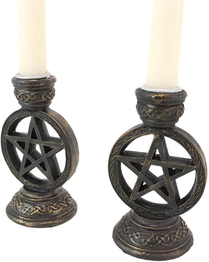 Ebros Gift Set Of 2 Wicca Pentagram Pentacle In Circle Taper Candle Or Cone Incense Holders