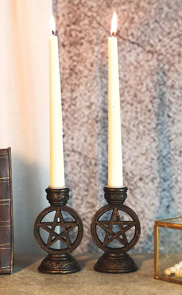 ebros gift Set of 2 Wicca Pentagram Pentacle In Circle Taper Candle Or Cone Incense Holders