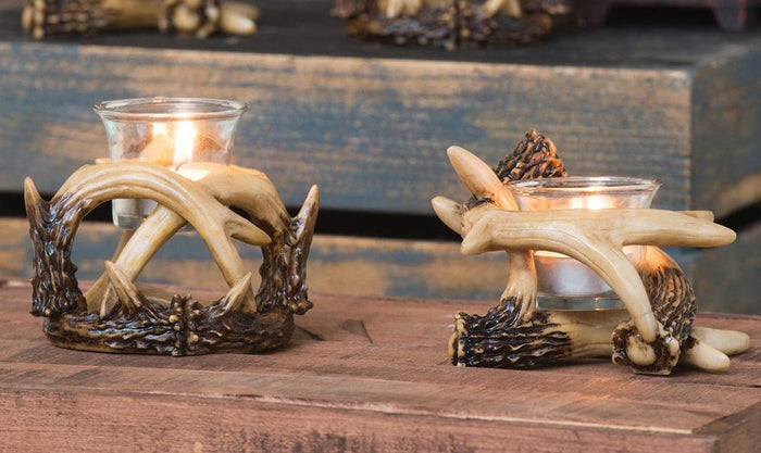 ebros gift Set Of 2 Wildlife Rustic Buck Deer Stag Entwined Antlers Votive Candle Holders