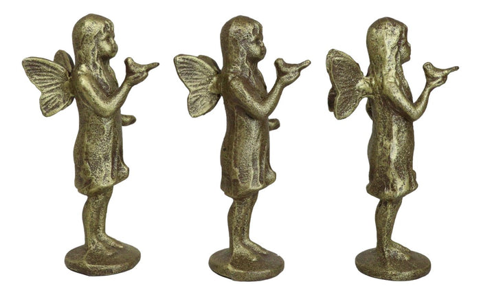 Ebros Gift Set Of 3 Cast Iron Rustic Enchanted Fantasy Girl Fairy Pixie With Bird Figurines