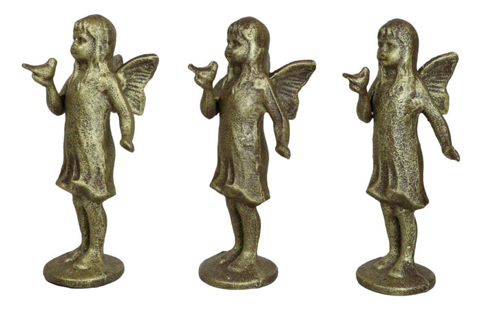 Ebros Gift Set Of 3 Cast Iron Rustic Enchanted Fantasy Girl Fairy Pixie With Bird Figurines