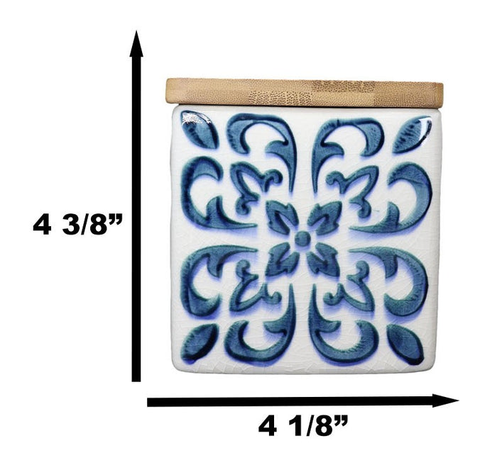 Ebros Gift Set Of 3 Ceramic Blue And White Tuscany Tiles Canister Storage Jars Bamboo Lid