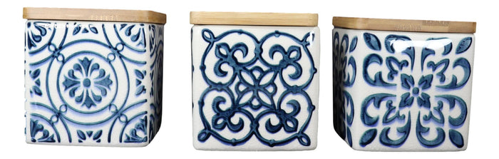 Ebros Gift Set Of 3 Ceramic Blue And White Tuscany Tiles Canister Storage Jars Bamboo Lid