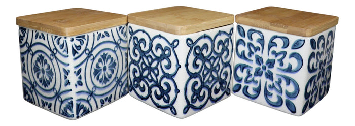 Ebros Gift Set Of 3 Ceramic Blue And White Tuscany Tiles Canister Storage Jars Bamboo Lid