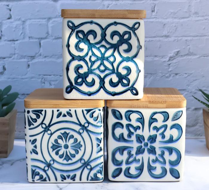 ebros gift Set of 3 Ceramic Blue And White Tuscany Tiles Canister Storage Jars Bamboo Lid