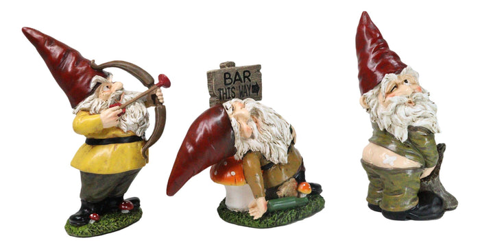 Ebros Gift Set Of 3 Forest Mischief Bad Naughty Gnomes Drunk Peeing And Pranking Figurines