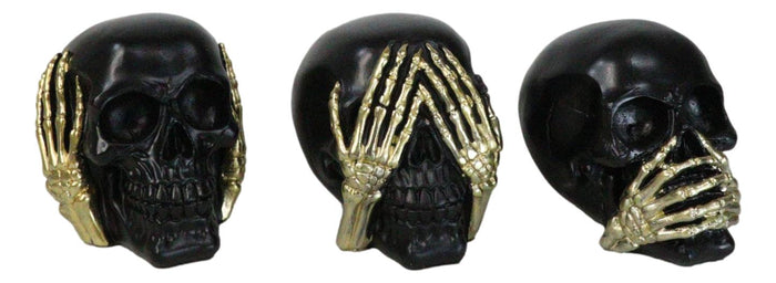 Ebros Gift Set Of 3 Gothic Black See Hear Speak No Evil Skulls Golden Hands 3"H Figurines