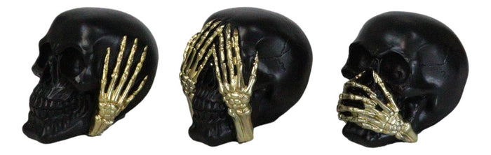 Ebros Gift Set Of 3 Gothic Black See Hear Speak No Evil Skulls Golden Hands 3"H Figurines