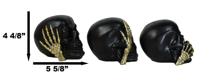 Ebros Gift Set Of 3 Gothic Black See Hear Speak No Evil Skulls Gold Bone Hands Figurines