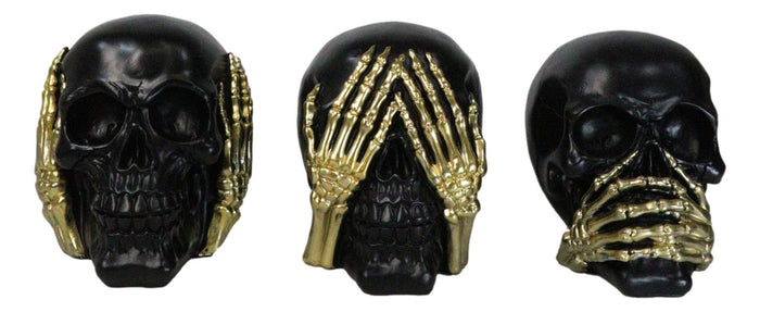 Ebros Gift Set Of 3 Gothic Black See Hear Speak No Evil Skulls Gold Bone Hands Figurines