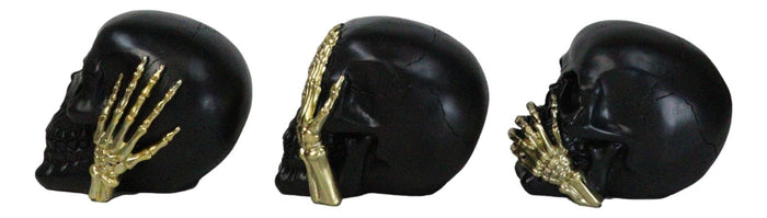 Ebros Gift Set Of 3 Gothic Black See Hear Speak No Evil Skulls Gold Bone Hands Figurines
