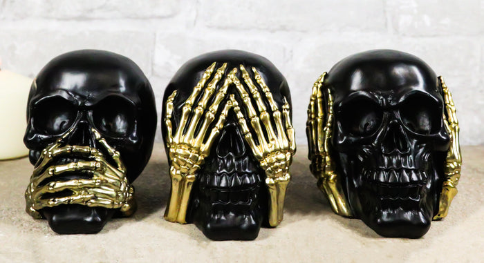 ebros gift Set Of 3 Gothic Black See Hear Speak No Evil Skulls Gold Bone Hands Figurines