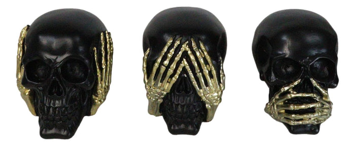 ebros gift Set Of 3 Gothic Black See Hear Speak No Evil Skulls Golden Hands 3"H Figurines