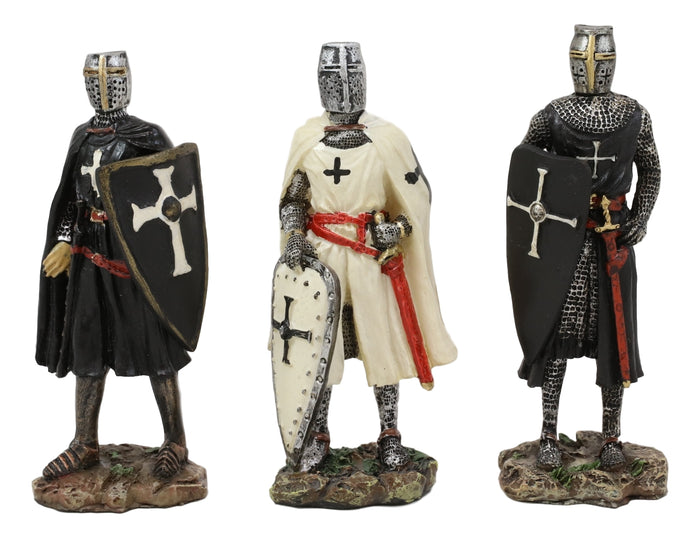 Ebros Gift Set Of 3 Medieval Templar Crusader Knights With Tunic Sword And Shield Figurines
