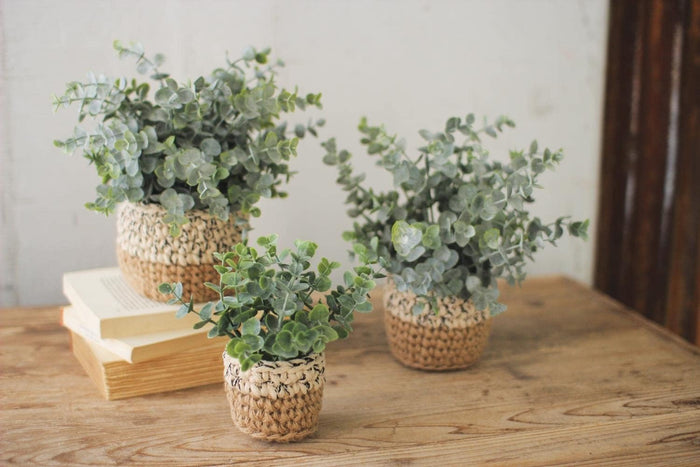 ebros gift Set Of 3 Realistic Artificial Botanica Fern Eucalyptus Plant In Chic Woven Pots