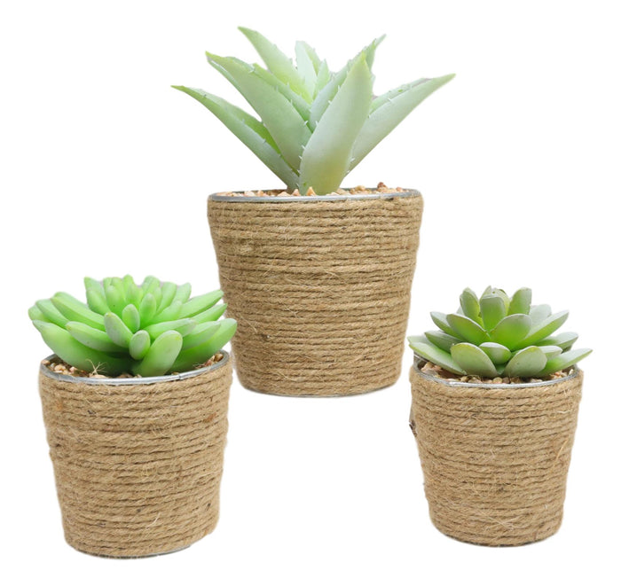 Ebros Gift Set Of 3 Realistic Artificial Botanica Plant Succulents In Jute Wrapped Tin Pots