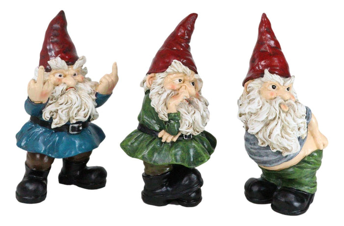 Ebros Gift Set Of 3 Rude Old Mr Gnomes Flipping The Bird Mooning And Conniving Figurines