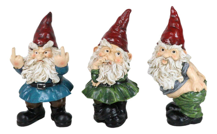 ebros gift Set of 3 Rude Old Mr Gnomes Flipping The Bird Mooning and Conniving Figurines