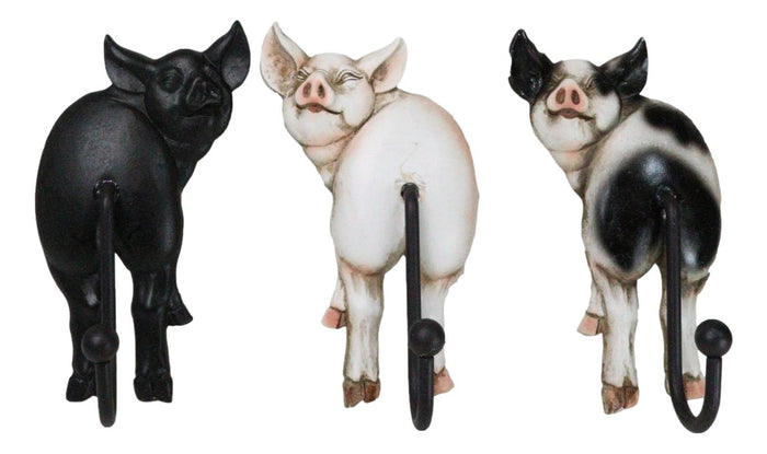Ebros Gift Set Of 3 Rustic Western Farm White Black Spotted Pigs Hind Butt Coat Wall Hooks