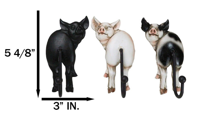 Ebros Gift Set Of 3 Rustic Western Farm White Black Spotted Pigs Hind Butt Coat Wall Hooks