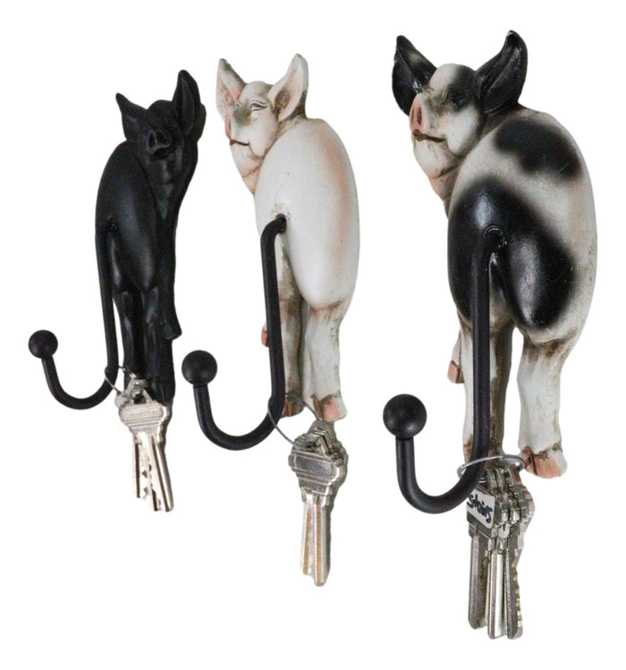 Ebros Gift Set Of 3 Rustic Western Farm White Black Spotted Pigs Hind Butt Coat Wall Hooks