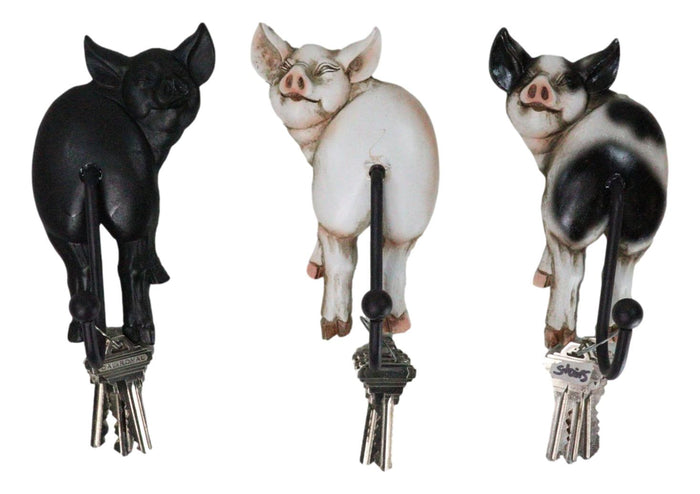 ebros gift Set of 3 Rustic Western Farm White Black Spotted Pigs Hind Butt Coat Wall Hooks