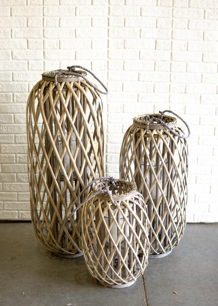 ebros gift Set Of 3 Rustic Western Farmhouse Rattan Wood Willow Candle Holder Lanterns
