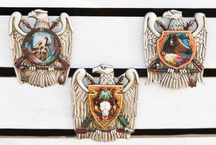 ebros gift Set of 3 Silver Bald Eagle Shield And Arrows Cow Skull Horse Wolf Wall Decors