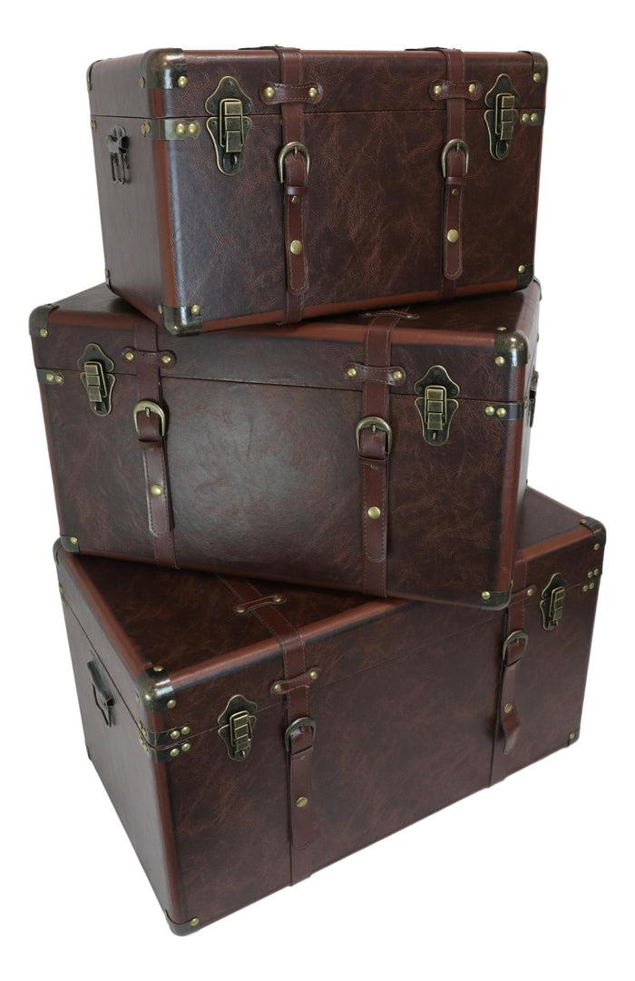 Ebros Gift Set Of 3 Stackable Large Wood Vintage Brown Leather Trunk Case Boxes Organizer