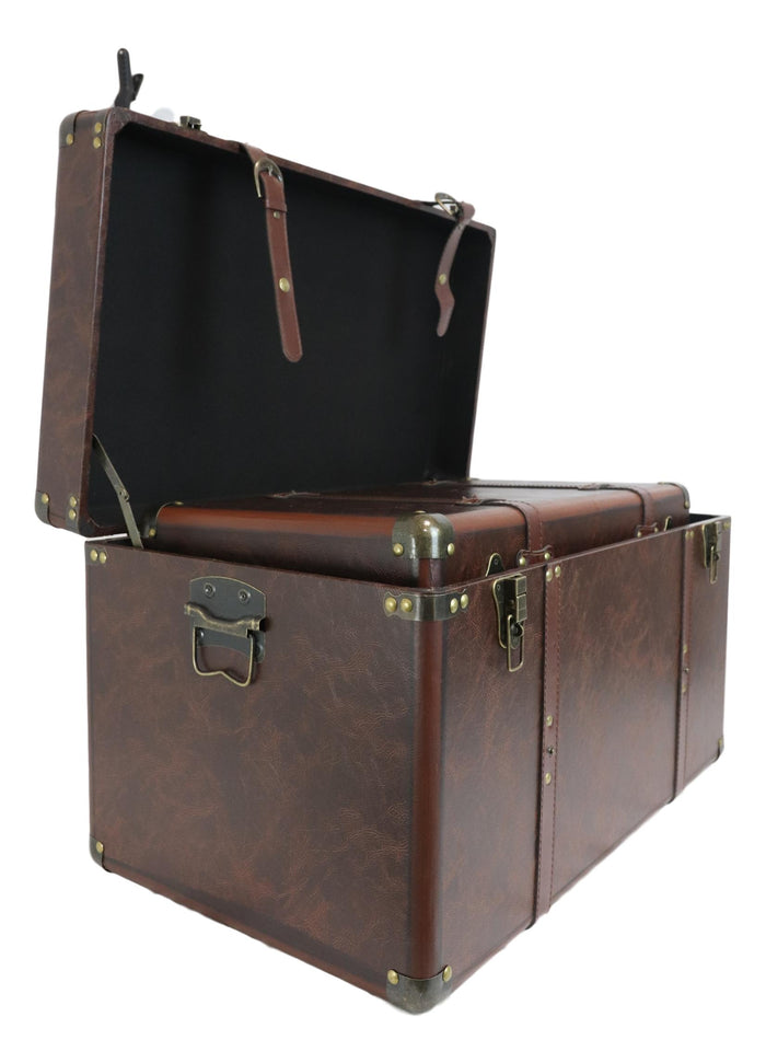 Ebros Gift Set Of 3 Stackable Large Wood Vintage Brown Leather Trunk Case Boxes Organizer