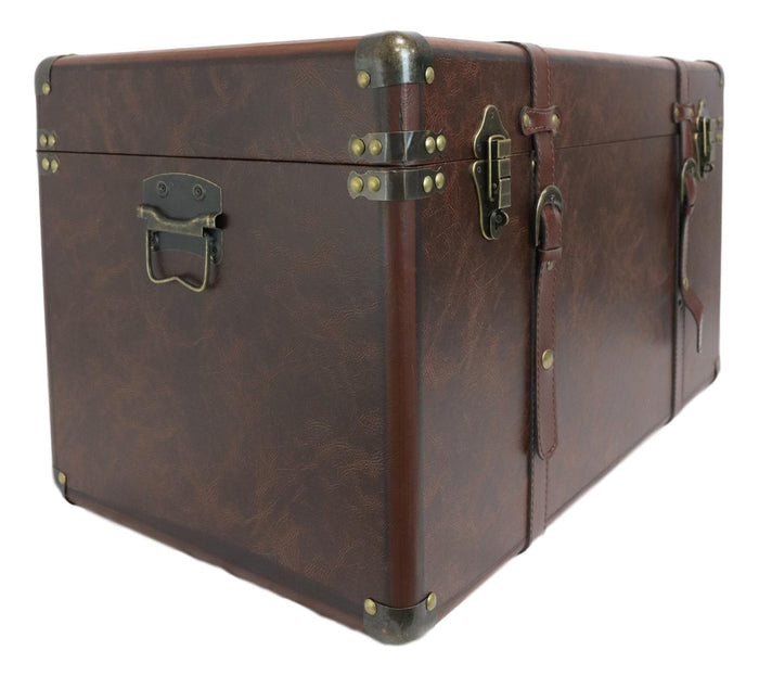 Ebros Gift Set Of 3 Stackable Large Wood Vintage Brown Leather Trunk Case Boxes Organizer