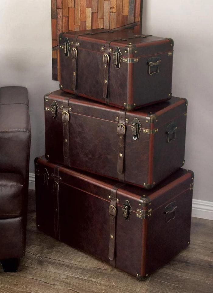 ebros gift Set Of 3 Stackable Large Wood Vintage Brown Leather Trunk Case Boxes Organizer