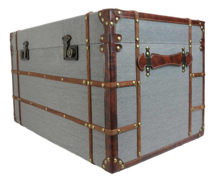 Ebros Gift Set Of 3 Stackable Large Wood Vintage Grey Fabric With Leather Trunk Case Boxes