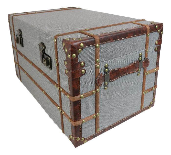 Ebros Gift Set Of 3 Stackable Large Wood Vintage Grey Fabric With Leather Trunk Case Boxes