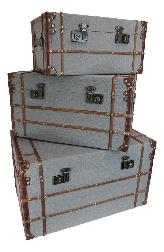 ebros gift Set Of 3 Stackable Large Wood Vintage Grey Fabric With Leather Trunk Case Boxes