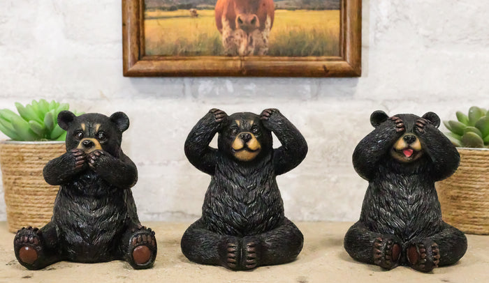 ebros gift Set of 3 Wise See Hear Speak No Evil Black Bears Rustic Figurine Bear Animal