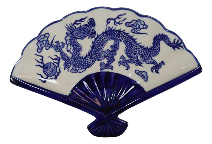 Ebros Gift Set Of 4 Blue And White Dragon King Oriental Fan Shaped Appetizer Sushi Plates
