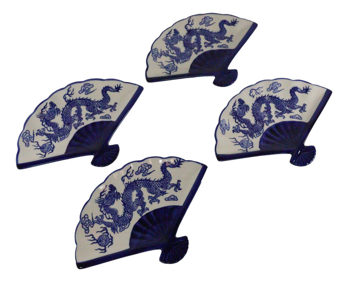 Ebros Gift Set Of 4 Blue And White Dragon King Oriental Fan Shaped Appetizer Sushi Plates