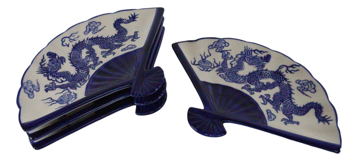 Ebros Gift Set Of 4 Blue And White Dragon King Oriental Fan Shaped Appetizer Sushi Plates