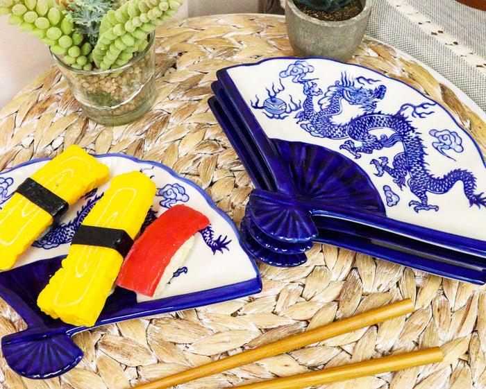 ebros gift Set Of 4 Blue And White Dragon King Oriental Fan Shaped Appetizer Sushi Plates