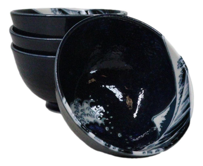 Ebros Gift Set Of 4 Blue Japanese Hokusai Great Wave Porcelain Soup Rice Dessert Bowls 11oz