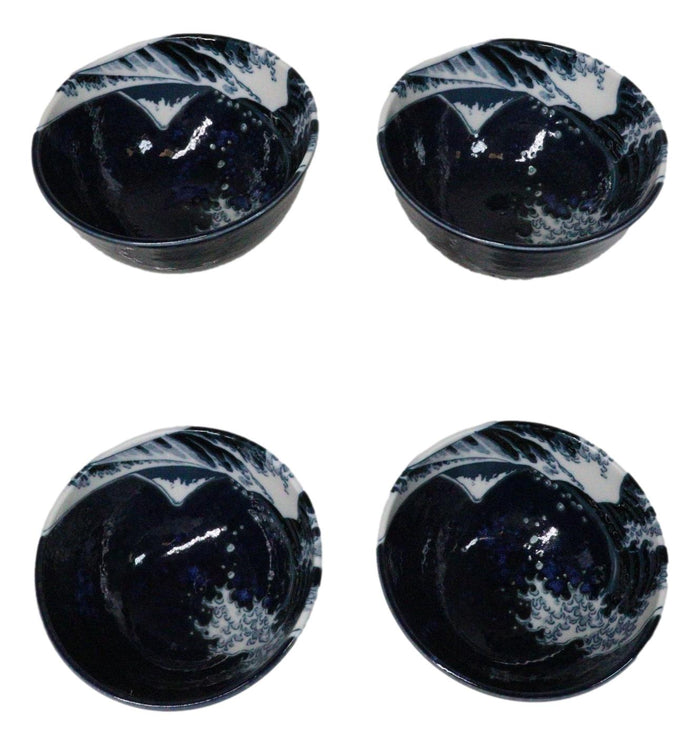 Ebros Gift Set Of 4 Blue Japanese Hokusai Great Wave Porcelain Soup Rice Dessert Bowls 11oz