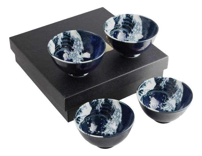 ebros gift Set Of 4 Blue Japanese Hokusai Great Wave Porcelain Soup Rice Dessert Bowls 11oz