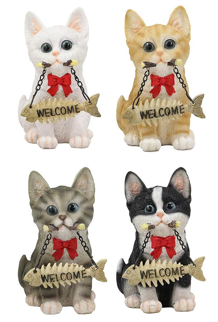 ebros gift Set of 4 Cats Black White Tabby Grey Kittens With Fish Bones Welcome Figurines