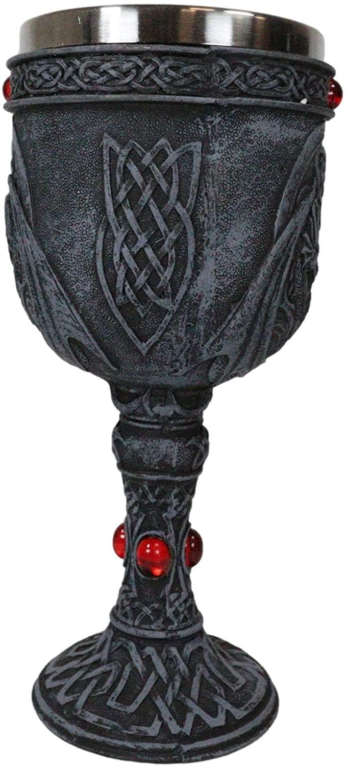 Ebros Gift Set Of 4 Celtic Dual Winged Dragon Wine Goblet Chalice Resin & Stainless Steel