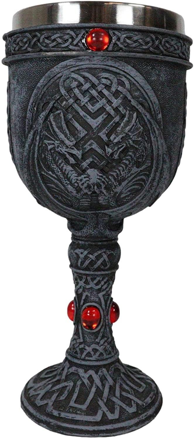 Ebros Gift Set Of 4 Celtic Dual Winged Dragon Wine Goblet Chalice Resin & Stainless Steel