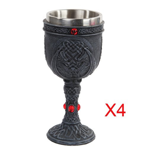 ebros gift Set of 4 Celtic Dual Winged Dragon Wine Goblet Chalice Resin & Stainless Steel